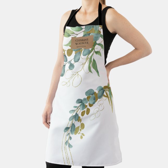 Gold Eucalyptus Greenery Salon Monogram Apron (Insitu)