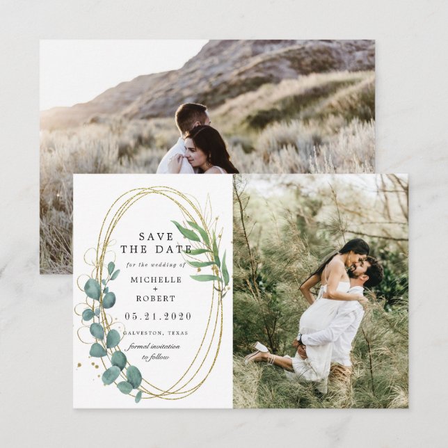 Gold Eucalyptus Greenery Two Photo Save The Date  Invitation (Front/Back)