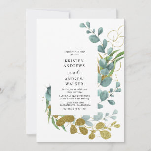gold eucalyptus greenery wedding invitation