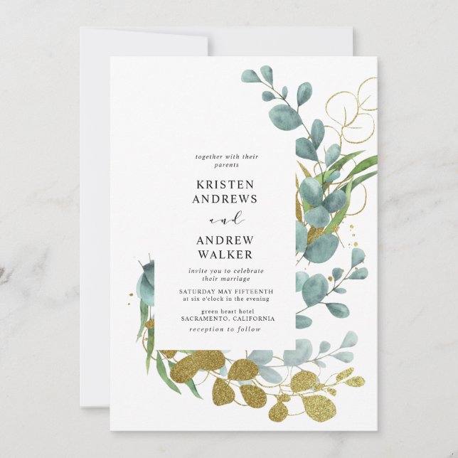 gold eucalyptus greenery wedding invitation (Front)
