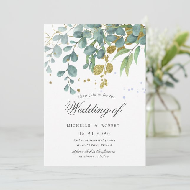 gold eucalyptus greenery wedding invitation (Standing Front)