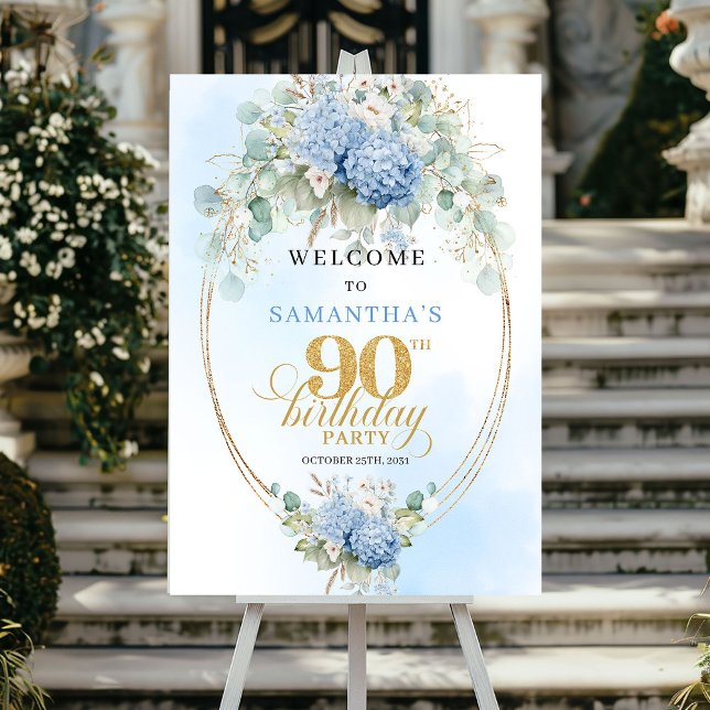 Gold Eucalyptus Hydrangeas 90th birthday welcome Poster (Gold Eucalyptus Hydrangeas 90th birthday welcome)