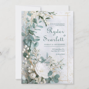 Gold Eucalyptus White Floral Coastal Wedding Invitation
