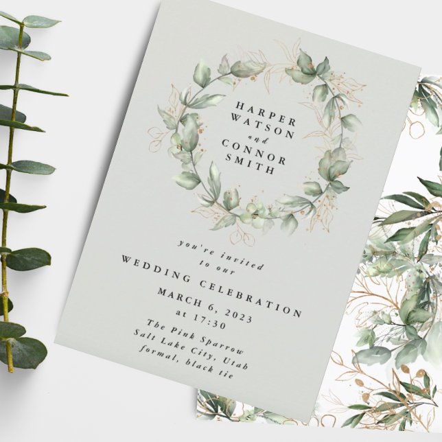 Gold Eucalyptus Wreath Green Sea Glass Wedding Invitation (Creator Uploaded)