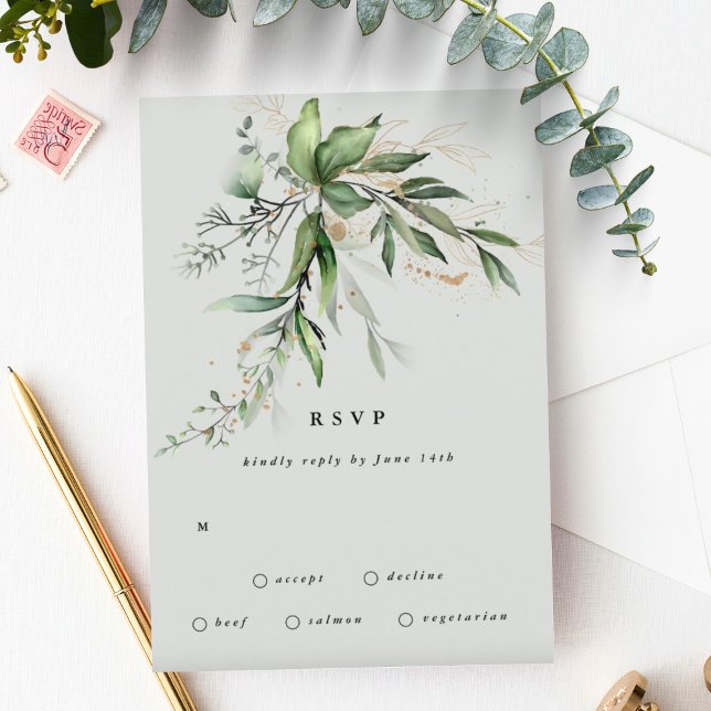 Gold Eucalyptus Wreath Green Sea Glass Wedding RSVP Card (Creator Uploaded)