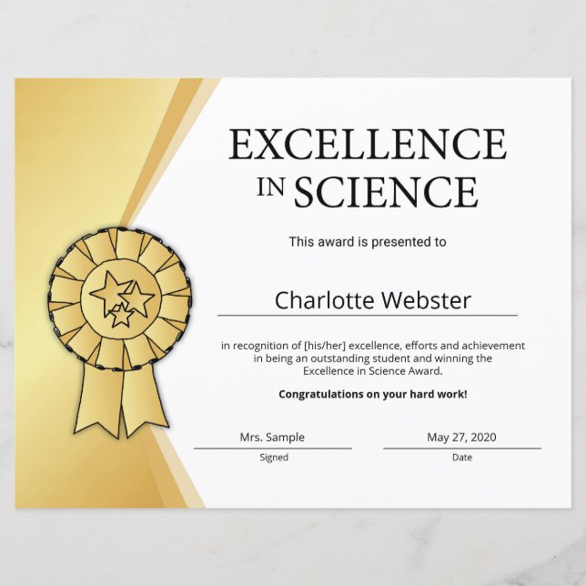Gold Excellence in Science Certificate Award (Front)