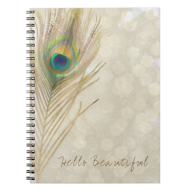 Gold Exotic Peacock Feather Glam Elegant Chic Spiral Notebook (Front)
