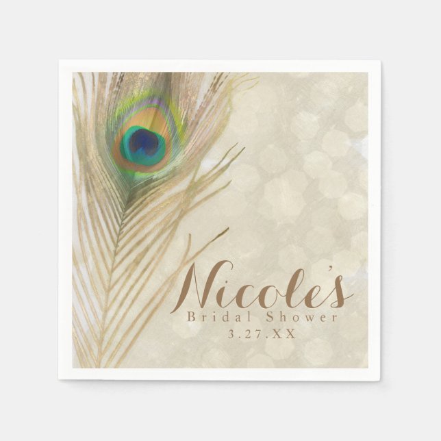 Gold Exotic Peacock Feather Glam Elegant Party Napkin (Front)