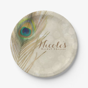 Gold Exotic Peacock Feather Glam Elegant Party Paper Plate