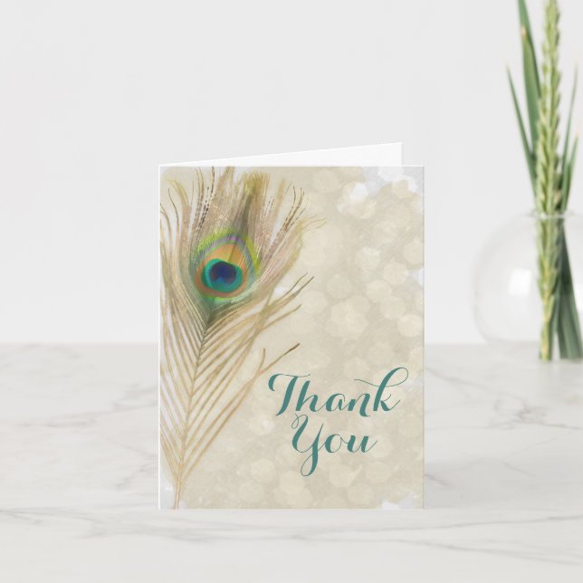 Gold Exotic Peacock Feather Glam Elegant Thank You (Front)