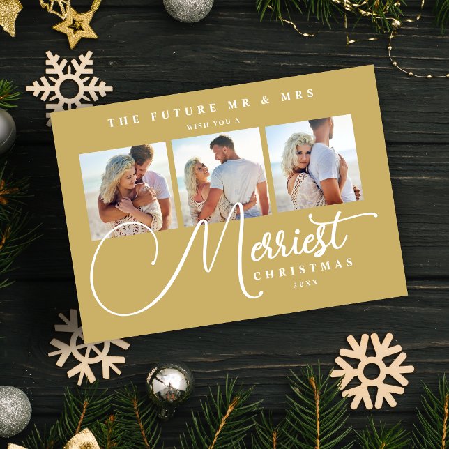 Gold Exquisite Modern Wedding Christmas 3 Photos Save The Date (Exquisite Modern Wedding Christmas 3 Photos in Fake Gold Holiday Card as a Save the Date Card.)