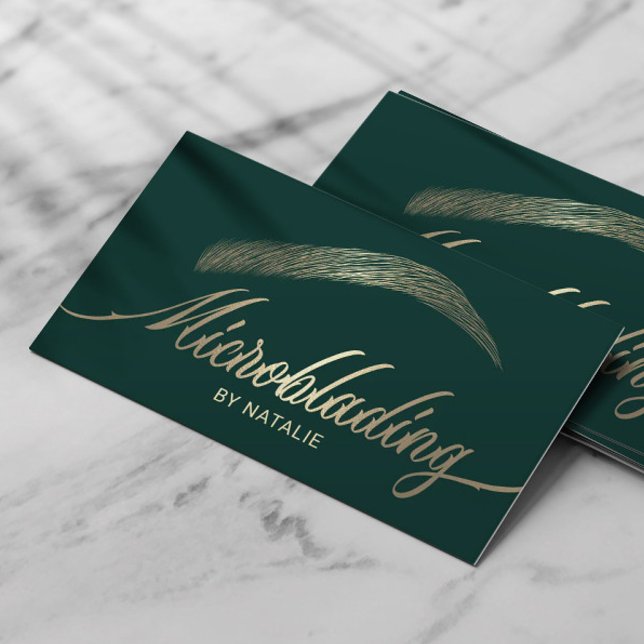 Gold Eyebrow Salon Microblading Modern Green Business Card (Creator Uploaded)