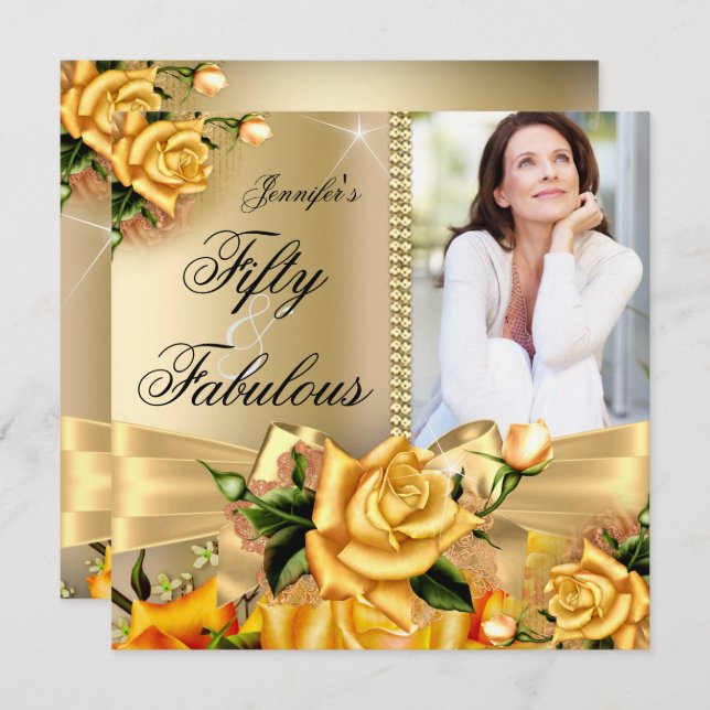 Gold Fabulous 50 Photo Yellow Rose Birthday 3 Invitation (Front/Back)
