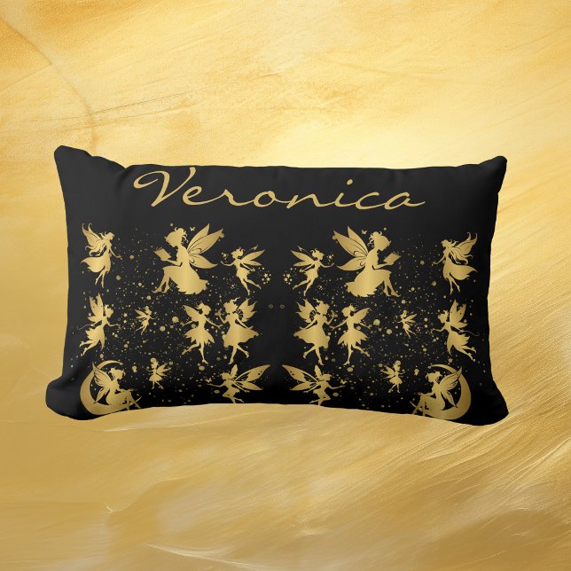 Gold Fairies with Pixie Dust on Black Monogram | Lumbar Cushion (Creator Uploaded)
