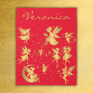 Gold Fairies with Pixie Dust on Red Monogram   Fleece Blanket