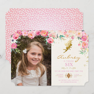 Gold Fairy Pink Floral Birthday Invitation
