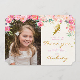 Gold Fairy Pink Floral Thank you card