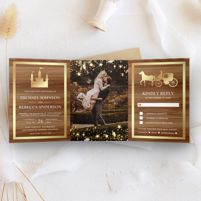Gold Fairytale Castle Princess Carriage Wedding Tri-Fold Invitation (Creator Uploaded)