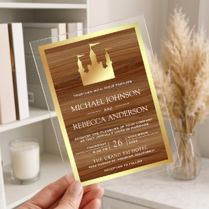 Gold Fairytale Castle Wood Wedding Acrylic Invitations