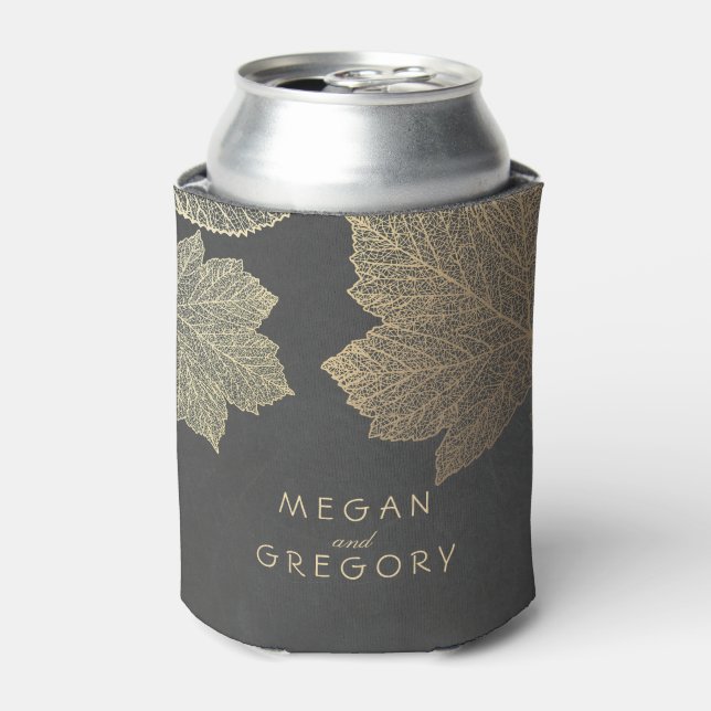 Gold Fall Leaves Chalkboard Rustic Wedding Can Cooler (Can Front)