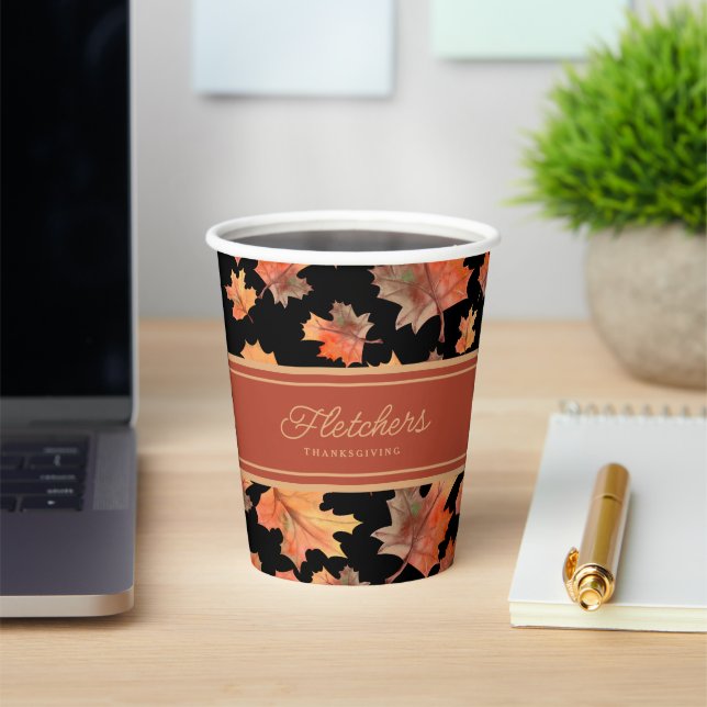 Gold Fall Leaves & Terracotta Stripe Custom Black Paper Cups (Insitu)
