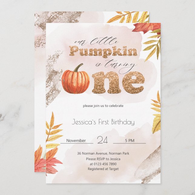 Gold Fall Pumpkin First Birthday Invitation (Front/Back)