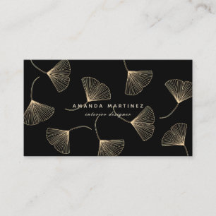 Gold Falling Ginkgo Leaves Black Business Card