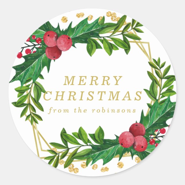 Gold Family Merry Christmas Greenery Holly Glitter Classic Round Sticker (Front)