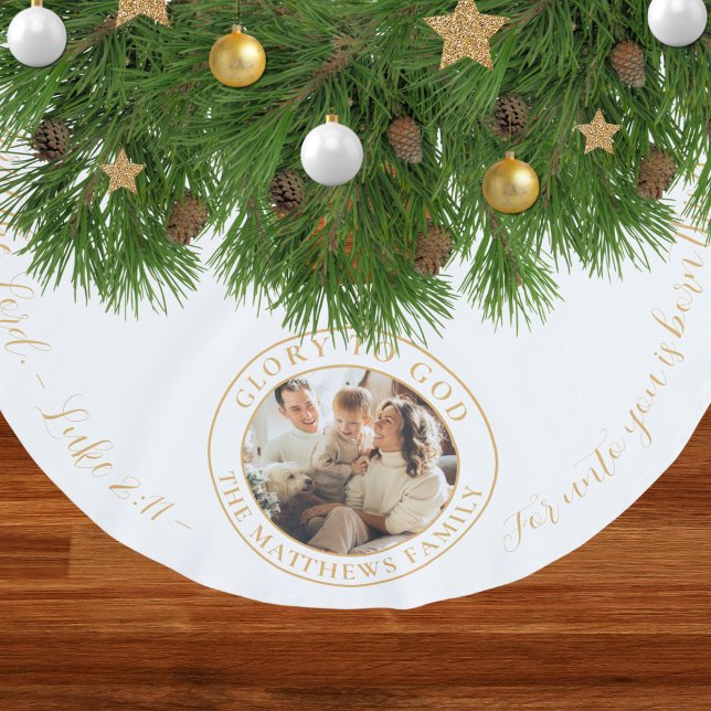 Gold Family Photo Religious Bible Verse Christmas Brushed Polyester Tree Skirt (Religious Christmas tree skirt with family photo and Bible verses for Christians and Catholicss)