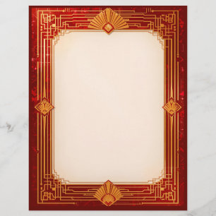 Gold Fan Frame on Red Stationery Paper Custom Letterhead