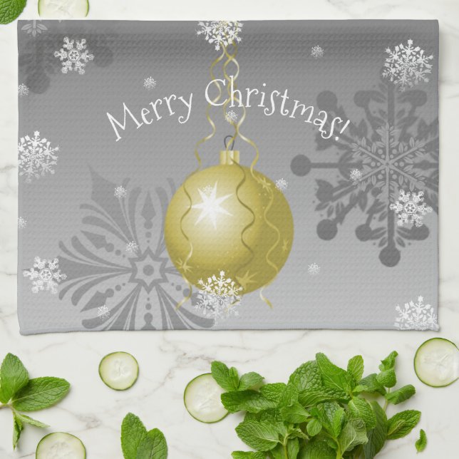 Gold Fancy Christmas Ornament Kitchen Towel (Folded)
