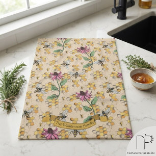Gold Farmhouse Bee Honeycomb Family Name  Tea Towel