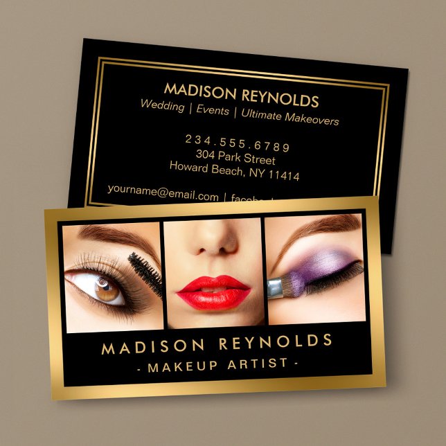 Gold Fashion Makeup Artist Photo Showcase Business Card (Creator Uploaded)