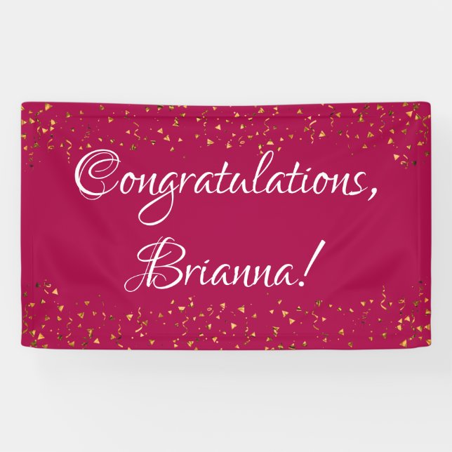 Gold Faux Confetti, Raspberry Pink Congratulations Banner (Horizontal)
