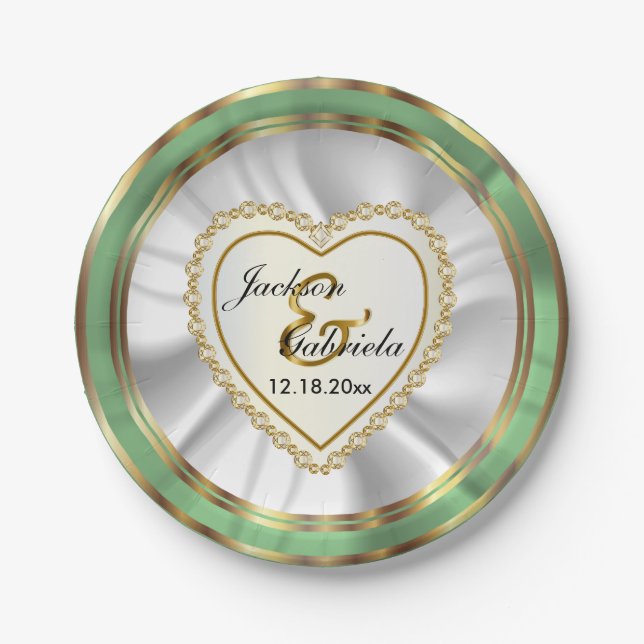 Gold & Faux Diamond & Mint Wedding or Anniversary Paper Plate (Front)