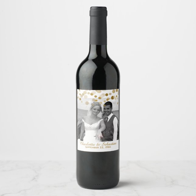 Gold Faux Dots Personalised Custom Wedding Wine Label (Front)