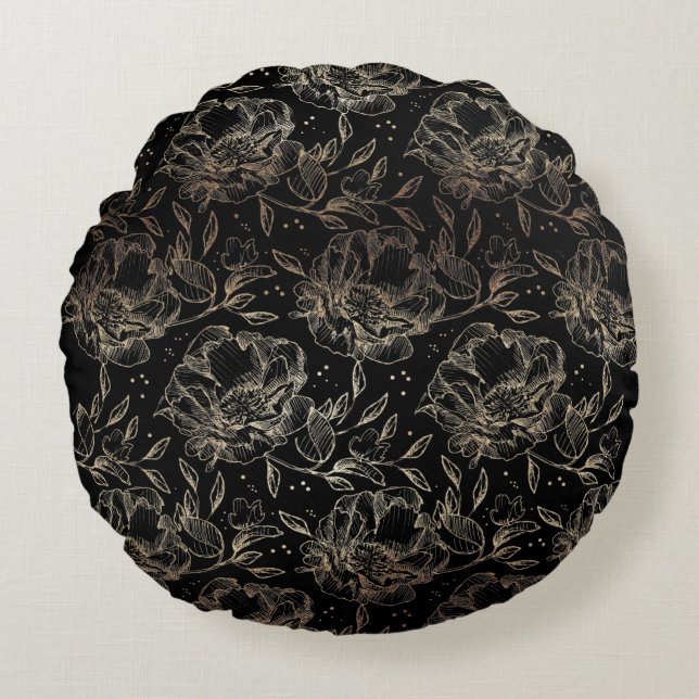 Gold Faux Elegant Hand Drawn Florals Wedding Gift Round Cushion (Front)