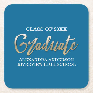 Gold Faux Foil Graduation Any Color Background Square Paper Coaster
