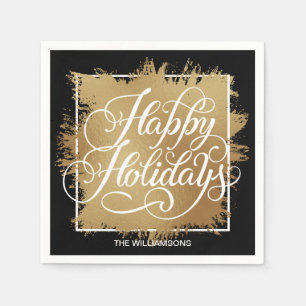 Gold Faux Foil Happy Holidays Black Napkin