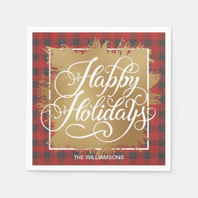 Gold Faux Foil Happy Holidays Buffalo Plaid Napkin (Front)