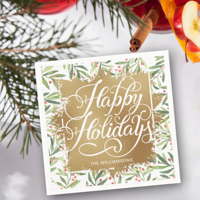 Gold Faux Foil Happy Holidays Greenery Berries Napkin (Personalized Happy Holidays on gold faux foil with branch and berries border napkins)