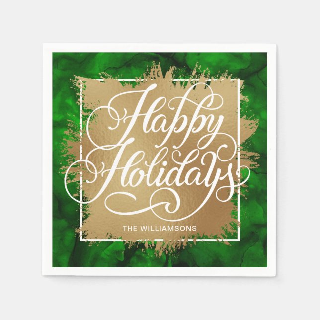 Gold Faux Foil Happy Holidays on Green Watercolor Napkin (Front)