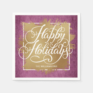 Gold Faux Foil Happy Holidays Purple Pattern Napkin