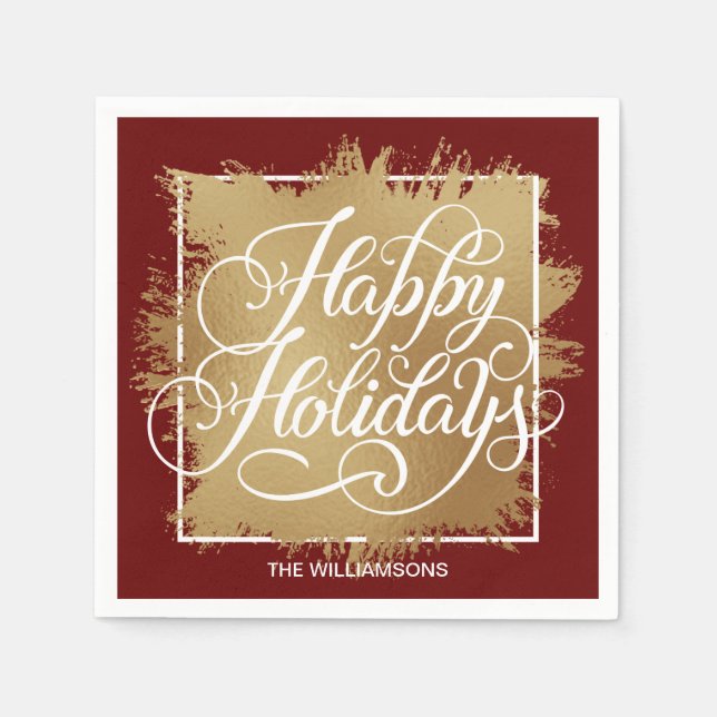 Gold Faux Foil Happy Holidays Red Napkin (Front)