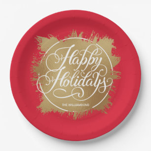 Gold Faux Foil Happy Holidays Red Paper Plate