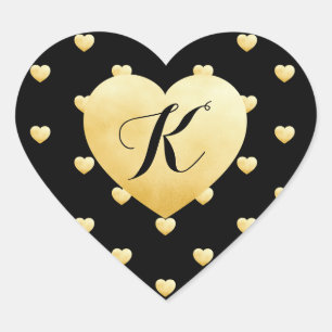 Gold Faux Foil Heart Pattern on Black Monogrammed Heart Sticker