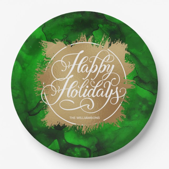 Gold Faux Foil Holiday Christmas Green Watercolor Paper Plate (Front)