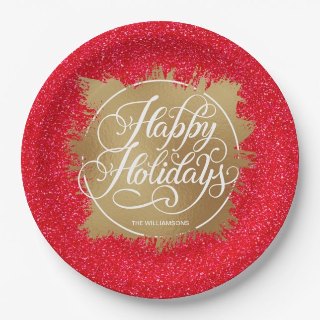 Gold Faux Foil Holiday Christmas Red Glitter Paper Plate (Front)