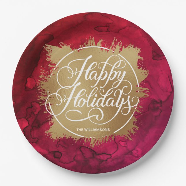 Gold Faux Foil Holiday Christmas Red Watercolor Paper Plate (Front)