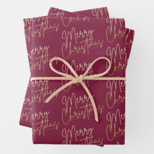 Gold Faux Foil Merry Christmas Cranberry Wrapping Paper Sheet